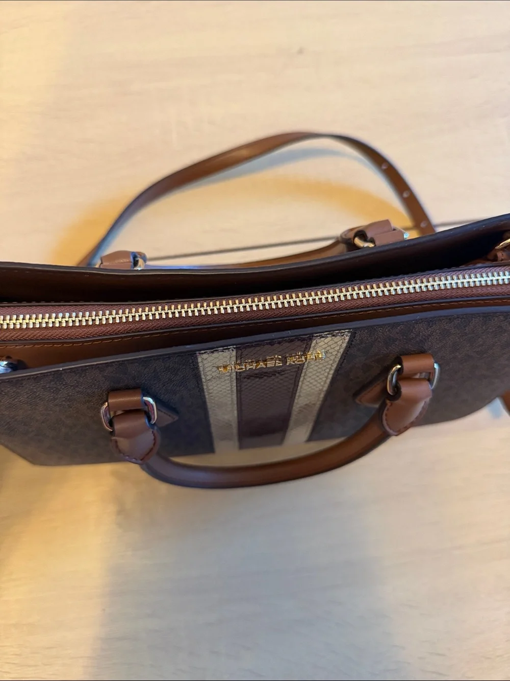 Michael Kors Brown Logo Satchel with Metallic Stripe Accents